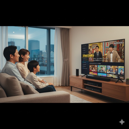 リビングで家族3人がソファに座り、テレビでダウンタウンプラスを視聴している様子