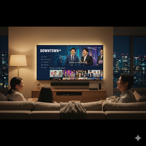 夜のリビングで家族3人がソファに座り、テレビでダウンタウンプラスを視聴している様子