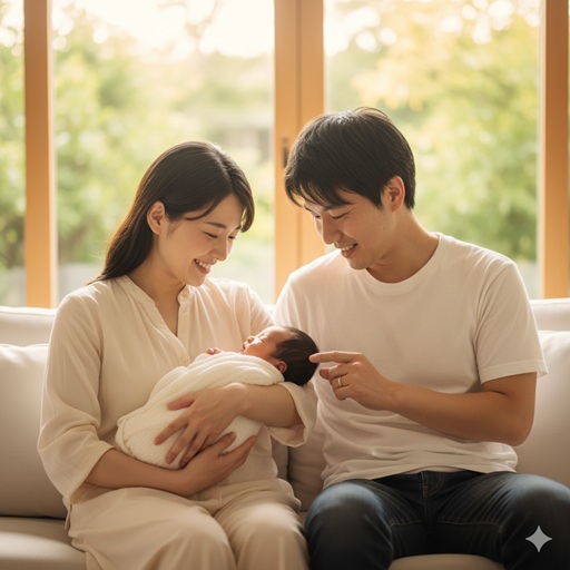 日本人の若い夫婦が生まれたばかりの赤ちゃんの小さな手を優しく握っている様子