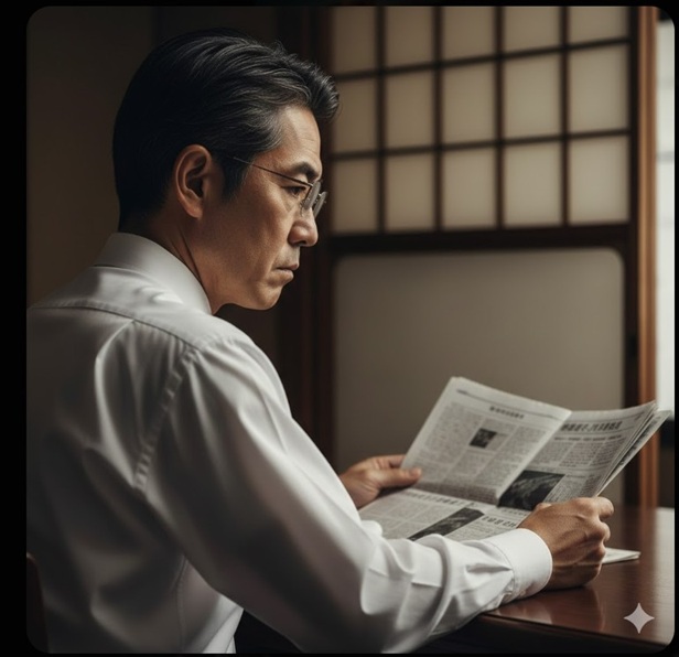 真剣な表情で新聞を読む、厳しい印象の父親。