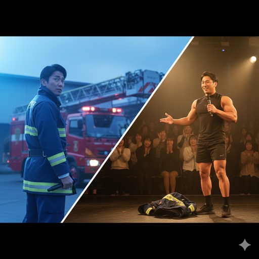 - 左側には消防車を背景に消防服を着た日本人男性が立つ。右側には舞台上で観客を前にマイクを持ち、筋肉質な体で話す同じ日本人男性芸人。