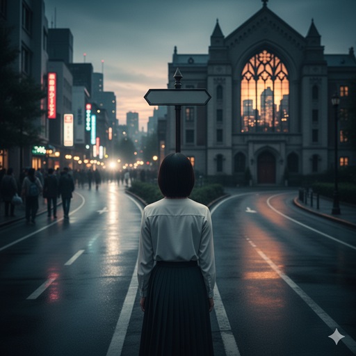 分岐点に立ち、今後の進路に悩む女性の後ろ姿