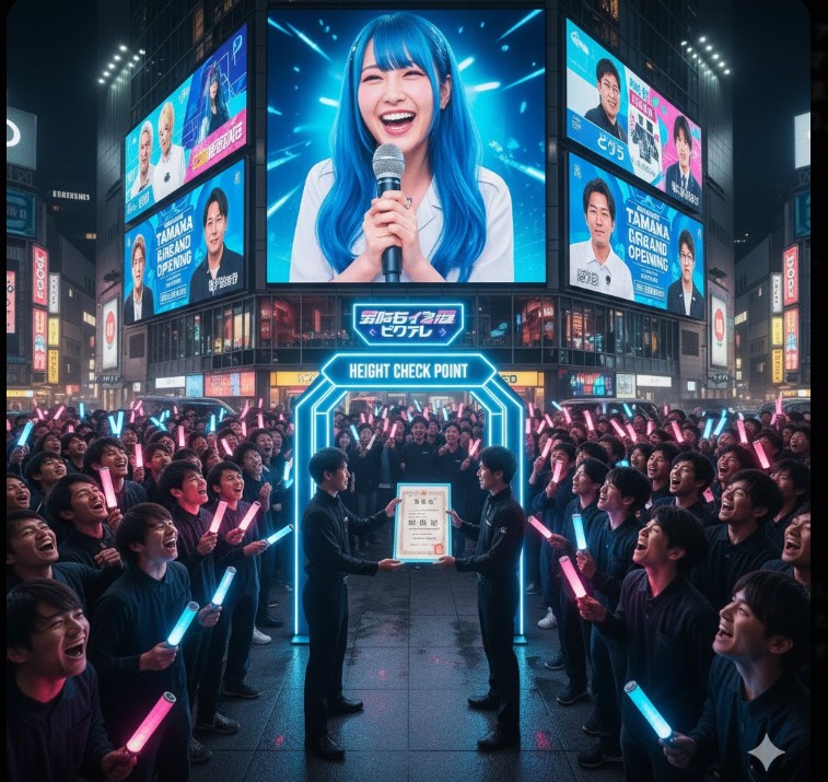 巨大ビジョンに映る女性ストリーマーと、認定証を受け取り歓喜する多数のファン。「ホビット族」として自虐的に楽しむコミュニティ文化の象徴