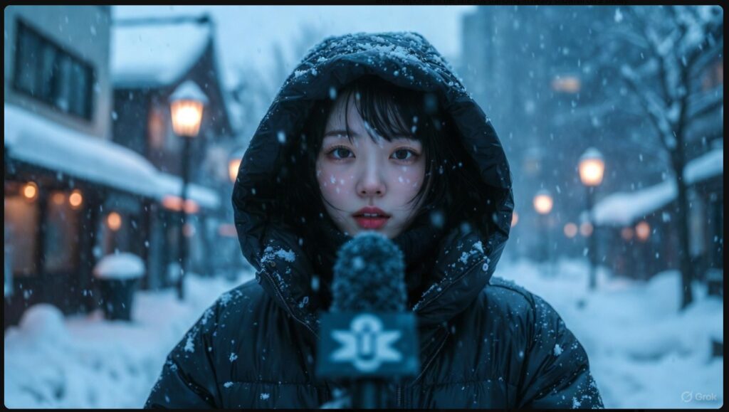 札幌放送局時代に雪の中でレポートする石橋亜紗アナウンサー