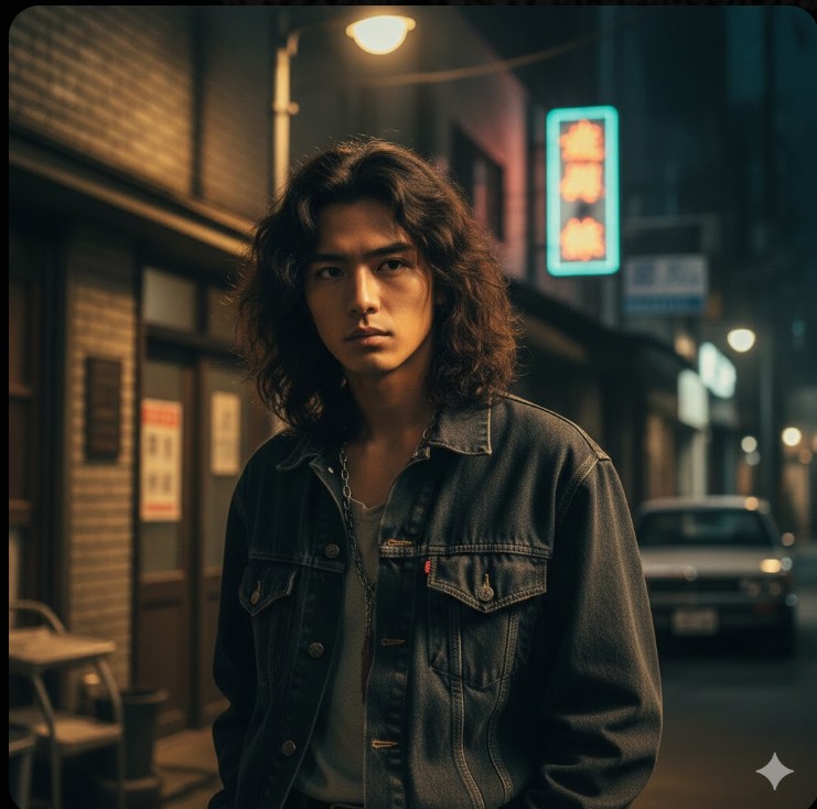 1990年代の日本の夜の街角で、長めのウェーブヘアとデニムジャケット姿で立つ若手俳優