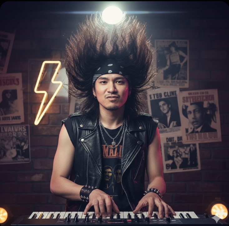 長髪を激しく振り上げながら、情熱的にキーボードを演奏するロックバンドのキーボーディスト