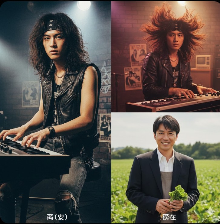 国分太一さんの若い頃のロン毛のロックスタイルと、現在の短髪で農業を楽しむ爽やかな姿を対比させた画像