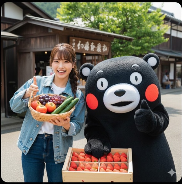 くまモンと地元の野菜や果物をアピールする田中美久さん。