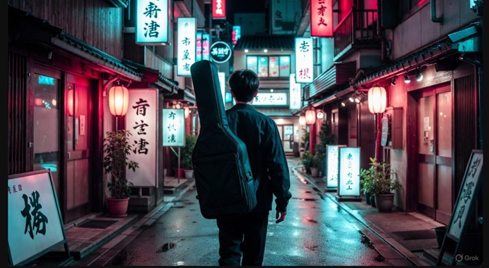 マヒトゥ・ザ・ピーポーがGEZANを結成した大阪時代の、ギターを背負って歩く若き日の後ろ姿のイメージ