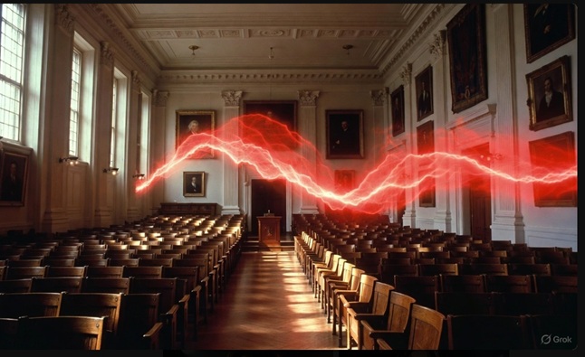 マヒトゥ・ザ・ピーポーと小沢健二のコラボ作品『東大900番講堂講義 ep』をイメージした、大学の講義室と赤いノイズの抽象画