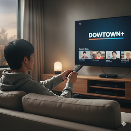 ソファに座った男性がリモコンを操作し、テレビでダウンタウンプラスを見ている様子