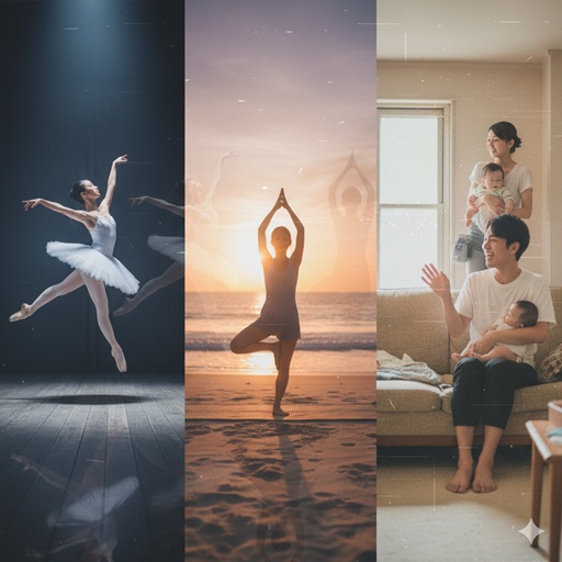 バレリーナ、ヨガをする女性、ソファで赤ちゃんを抱く夫婦の3つの場面が縦に並んだコラージュ画像。異なるキャリア情報の混同を象徴。