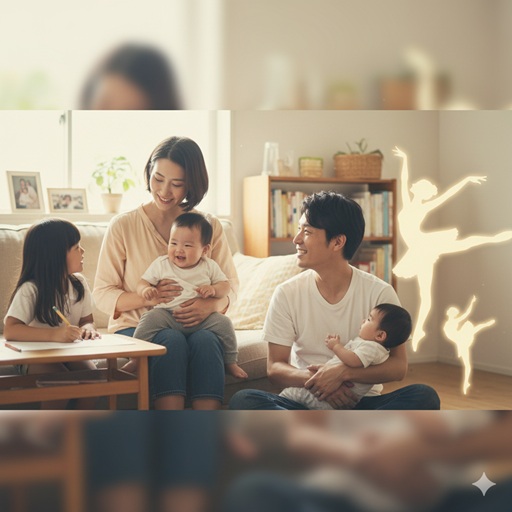 リビングで家族団らんする様子と、右側にバレリーナのシルエットが描かれた画像。家庭と夢のバランスや過去の経験を表現。