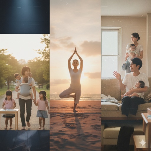 公園で子供と散歩する母親、ビーチでヨガをする女性、リビングで赤ちゃんを抱く夫婦の3つの場面が縦に並んだコラージュ画像。人生経験と家族の重要性を示唆