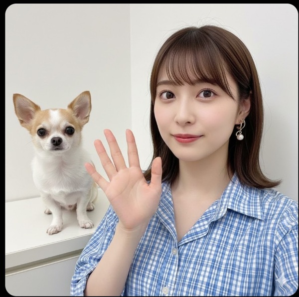 チワワと一緒に写り、笑顔で手を振る田中美久さん。