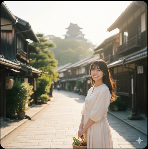 熊本の城下町のような風景の中で微笑む田中美久さん。