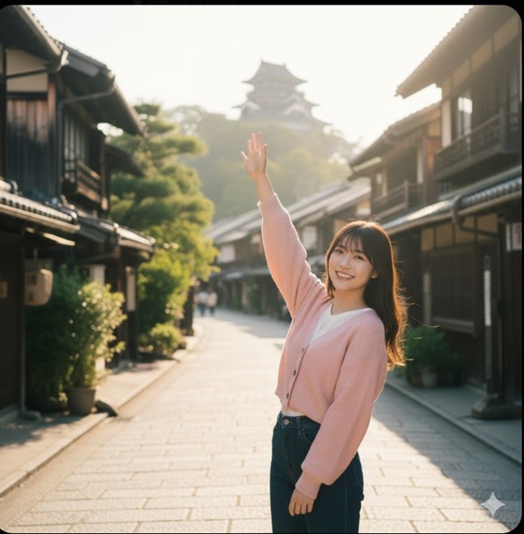 熊本の古い街並みを背景に、笑顔で手を振る田中美久さん。