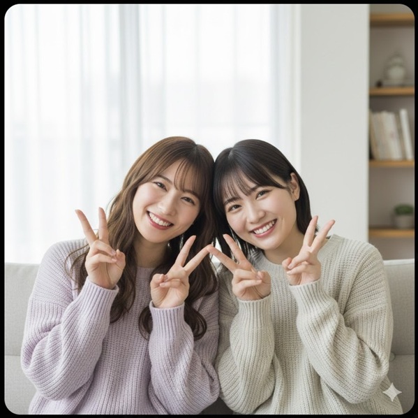 仲良く並び、笑顔でピースサインをする田中美久さんと矢吹奈子さん。