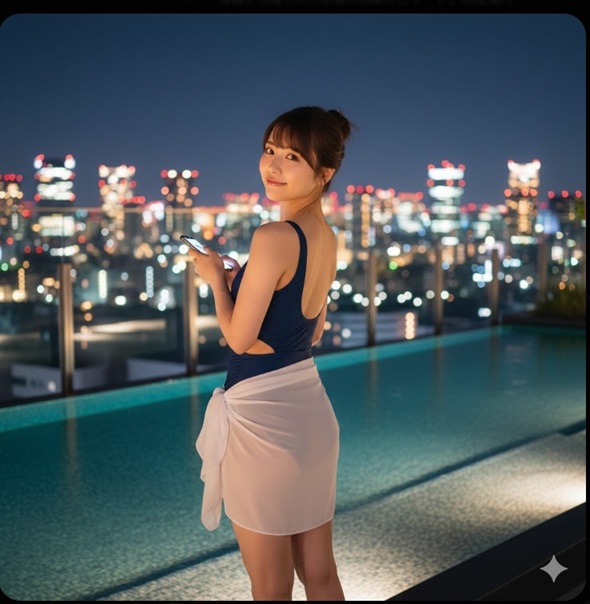 夜景の見えるプールサイドで、水着姿で振り返る女性。