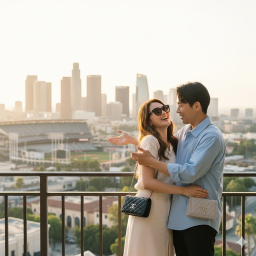 ロサンゼルスの街並みを背景に、肩を組み笑顔で語り合う丹羽仁希さんと山本由伸さん