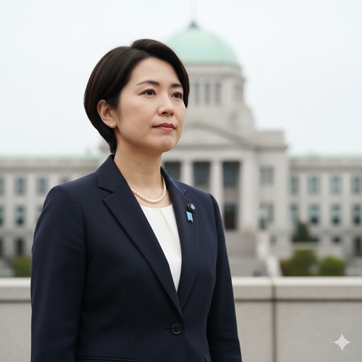 国会議事堂を背景に立つ小野田紀美議員。落ち着いた表情で遠くを見つめている`