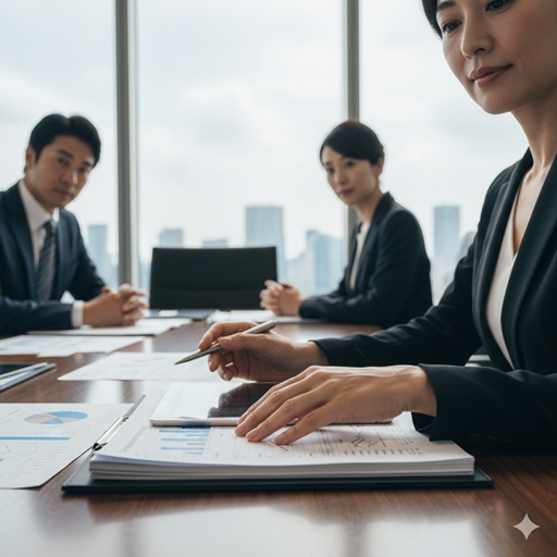 会議室で資料を見ながら議論するビジネスパーソンの手元と、奥に座る日本人男女`