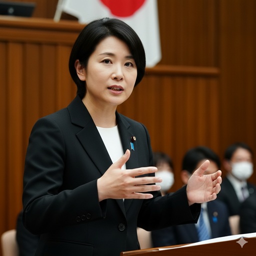 国会らしき場所で演説する小野田紀美議員。両手を広げ、聴衆に語りかけている`