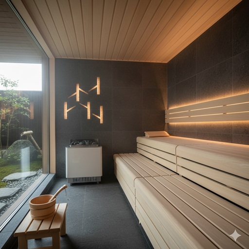 - 北村功太氏が手掛けたサウナ事業をイメージさせるモダンで清潔なサウナ室内の風景