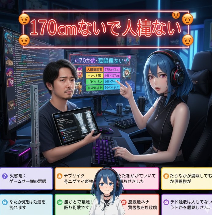日本のプロゲーマーと女性ストリーマーが配信を行う様子と、「170cmないと人権ない」という発言、および身長による階級制度の表示