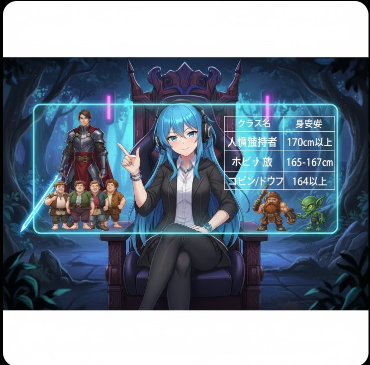ファンタジー風の背景で王座に座る女性ストリーマーと、「人権保持者」「ホビット族」「ゴブリン/ドワーフ」の身長階級を示すホログラム