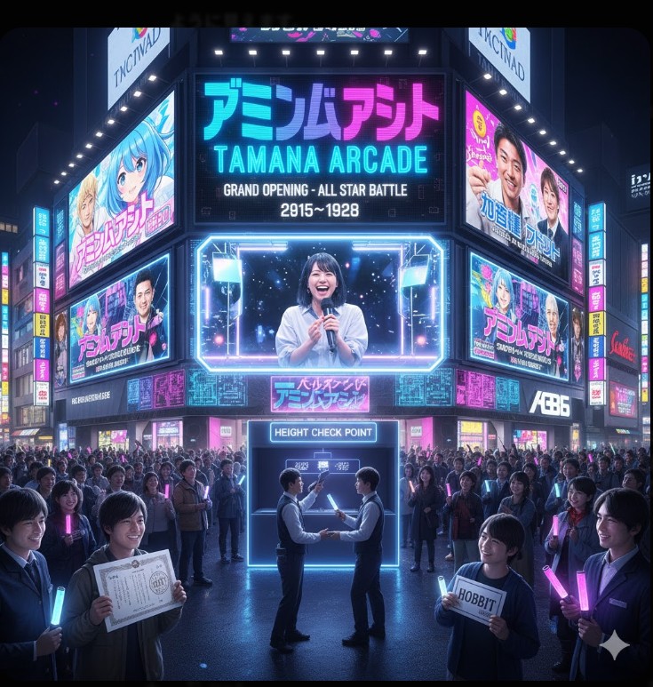 たぬかな主催のリアルイベント「たぬかなの実家」で、ファンが身長測定ブースを通り、「ホビット」認定証を受け取って盛り上がる様子