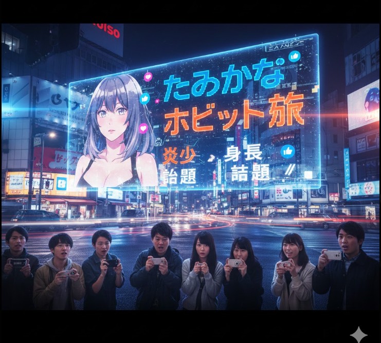 日本の繁華街でスマートフォンを操作する若者たちと、ホログラムに映し出されたストリーマーたぬかなの「ホビット族」「身長」に関する炎上と話題を示す情報