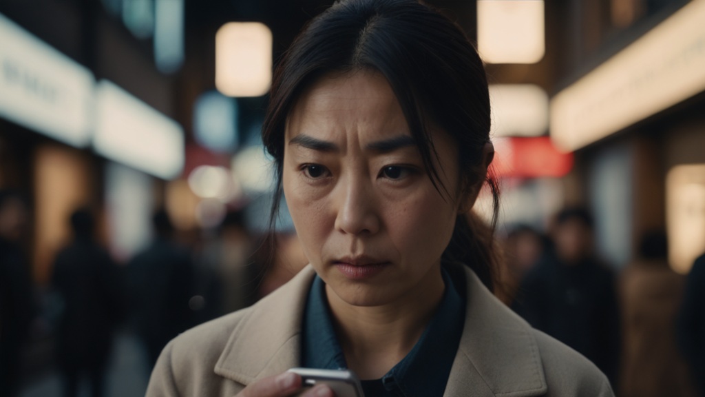 iPhone 13 miniを見て悩んでいる様子の日本人女性