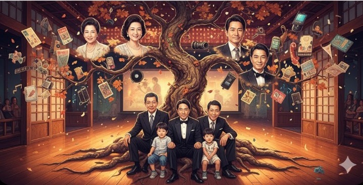 和室に根を張る大きな木の下で微笑む日本の家族。両親と息子たち3世代が並び、昭和・平成の思い出の品や映画フィルムが舞う温かい家族写真