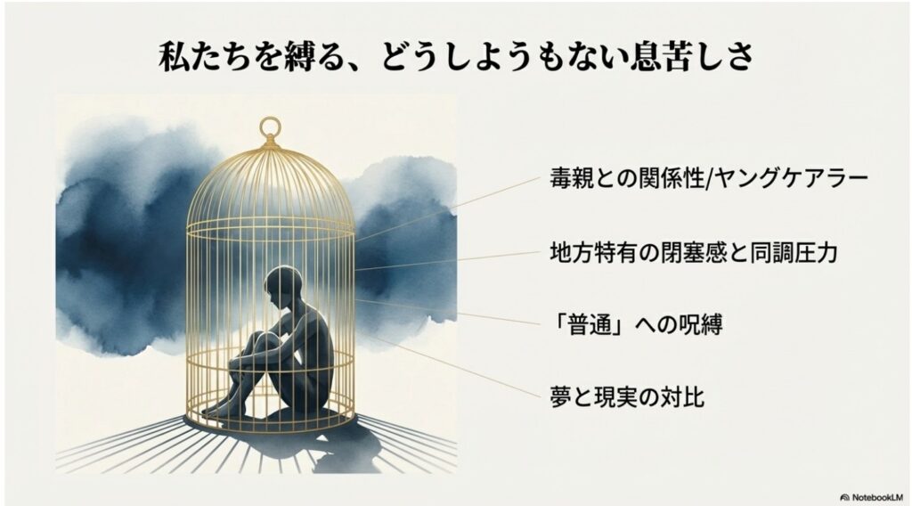 鳥かごの中に閉じ込められた人物のイラスト。「毒親との関係性」「地方特有の閉塞感」「普通への呪縛」など、物語の重いテーマを列挙したスライド。