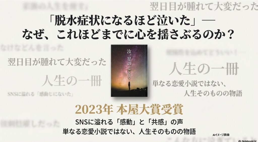 説『汝、星のごとく』の表紙画像。「なぜ、私たちはこの物語に涙するのか」という問いかけと、星空の下のシルエットが描かれている。