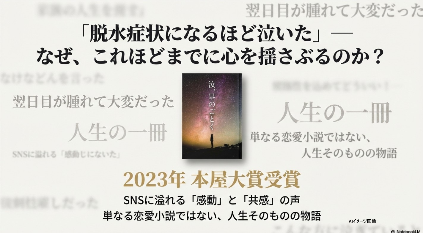 説『汝、星のごとく』の表紙画像。「なぜ、私たちはこの物語に涙するのか」という問いかけと、星空の下のシルエットが描かれている。