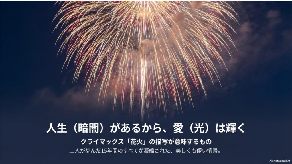 暗闇の中で輝く光の曲線と星のイラスト。「人生（暗闇）があるから、愛（光）は輝く」というメッセージと花火のシーンの意味を解説している。