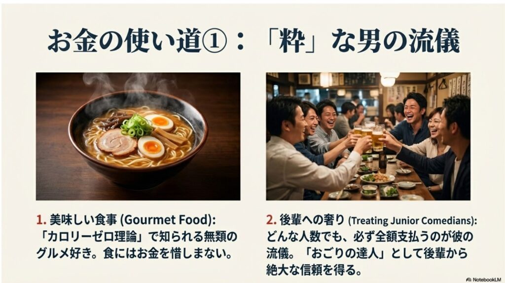 伊達みきおのお金の使い道：後輩への奢りとグルメ（カロリーゼロ理論）