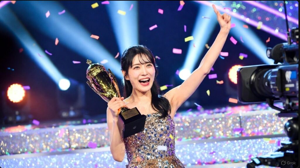 THE Wで優勝しステージでトロフィーを掲げて喜ぶニッチェ江上のイメージ