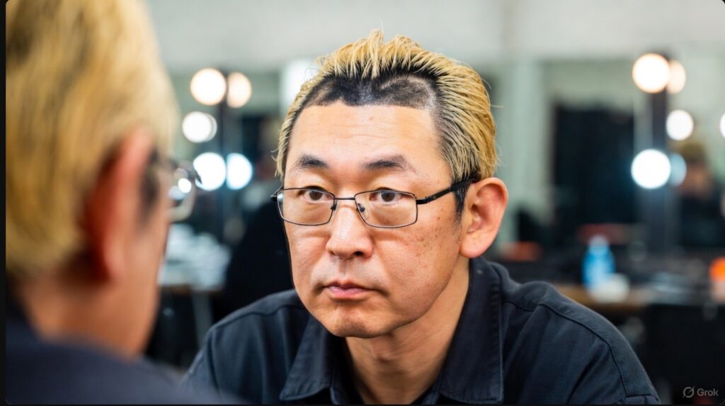 2025年のM-1グランプリに向け、楽屋で自身の髪型と地毛の状態を確認する真空ジェシカ・ガク