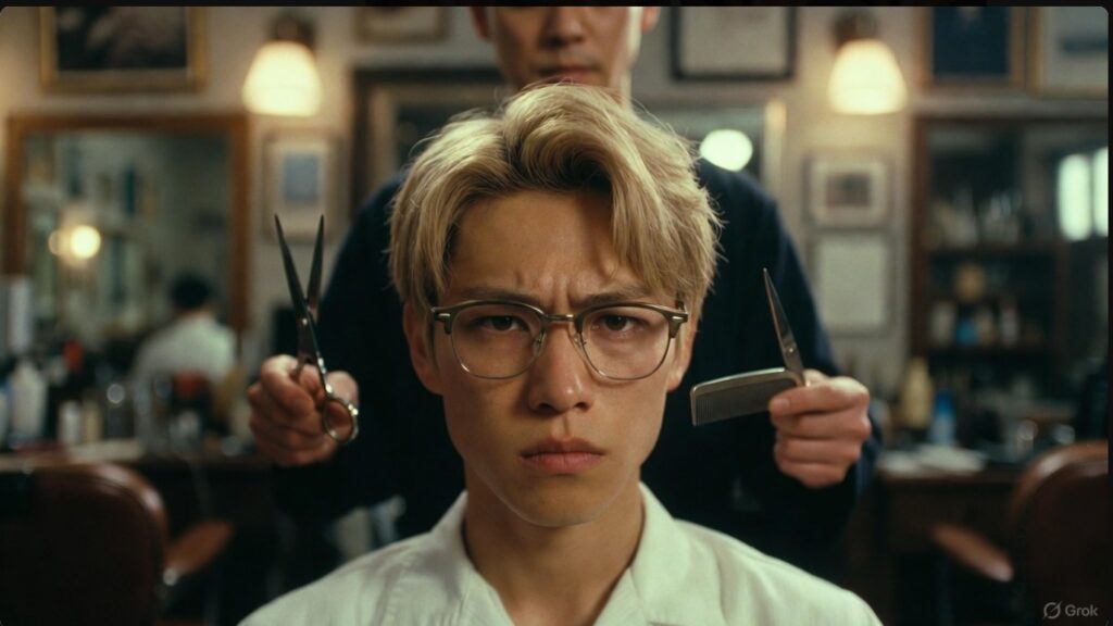 相席食堂のロケ企画で理容室を訪れ、角刈りに挑戦する直前の真空ジェシカ・ガクのイメージ