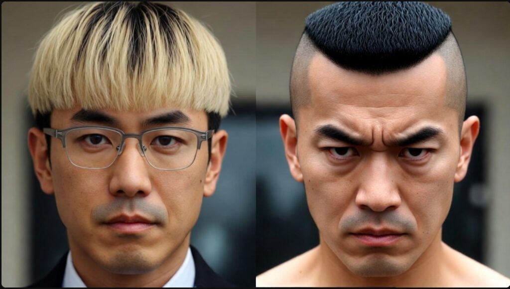 真空ジェシカ・ガクのトレードマークである金髪マッシュと衝撃的な角刈りの比較イメージ