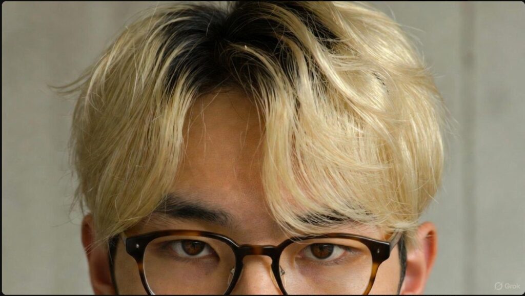 真空ジェシカ・ガクの金髪マッシュの生え際拡大画像。根元の黒い地毛が見えている状態