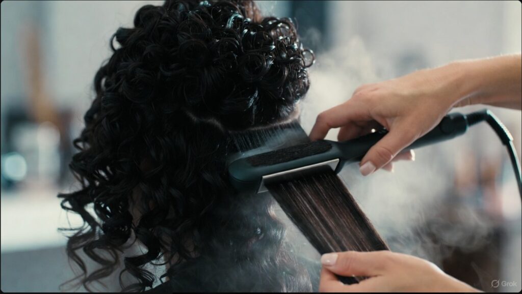 プロの技術とヘアアイロンを使って強い癖毛をストレートヘアに伸ばす様子