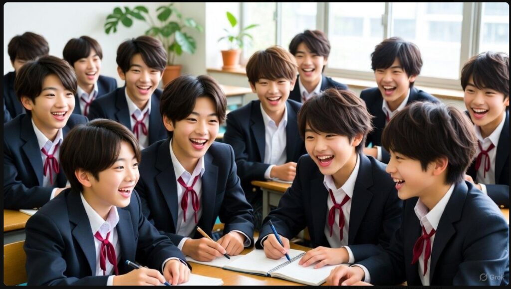 日出高校芸能コースの華やかな教室で談笑する男子高校生たちのイメージ