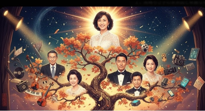 秋の光に包まれた幻想的な家族ツリー。中央に微笑む母親を中心に、両親・兄弟・子供たちが配置され、音楽や映画などの思い出のアイテムが浮かぶ夢のような日本の家族ポートレート