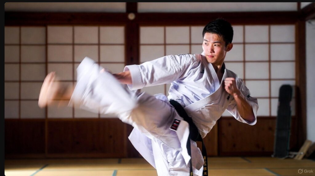 道場で鋭い上段蹴りを繰り出す空手黒帯の日本人青年