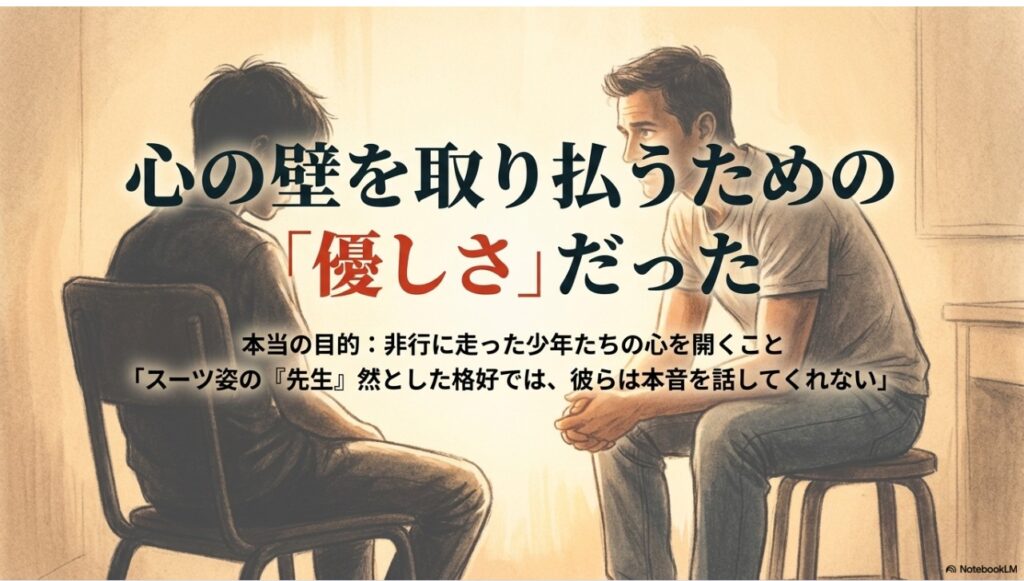 少年事件の依頼者の心の壁を取り払うために向き合う橋下徹のイラスト