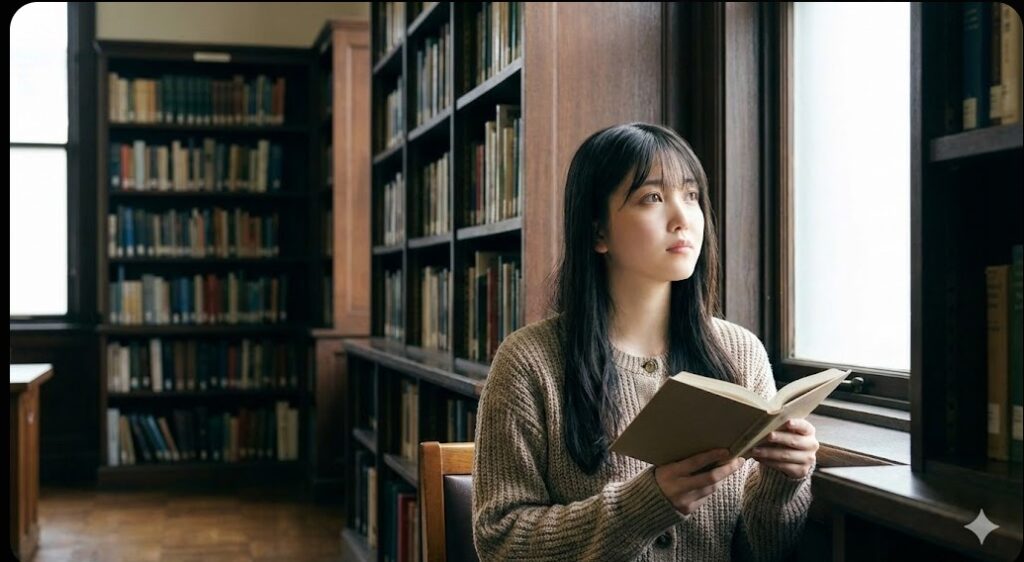 図書館の窓際で静かに本を読んでいる知的な雰囲気の久保史緒里